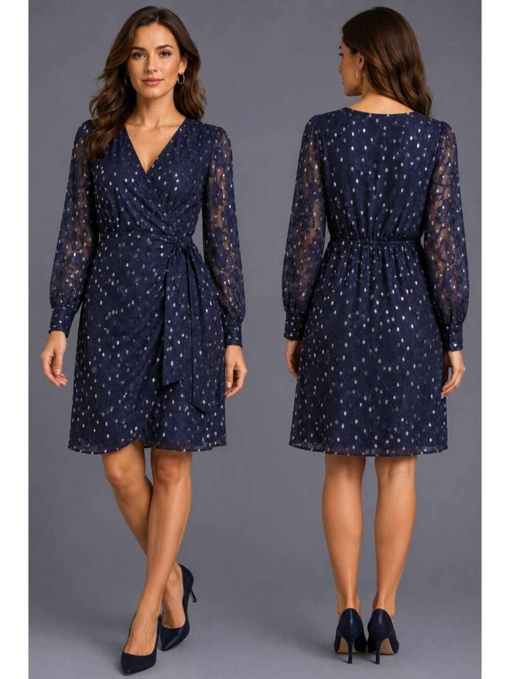 Anne Klein Women's Navy Metallic Swiss Dot Faux Wrap Dress Tie Waist Size 12